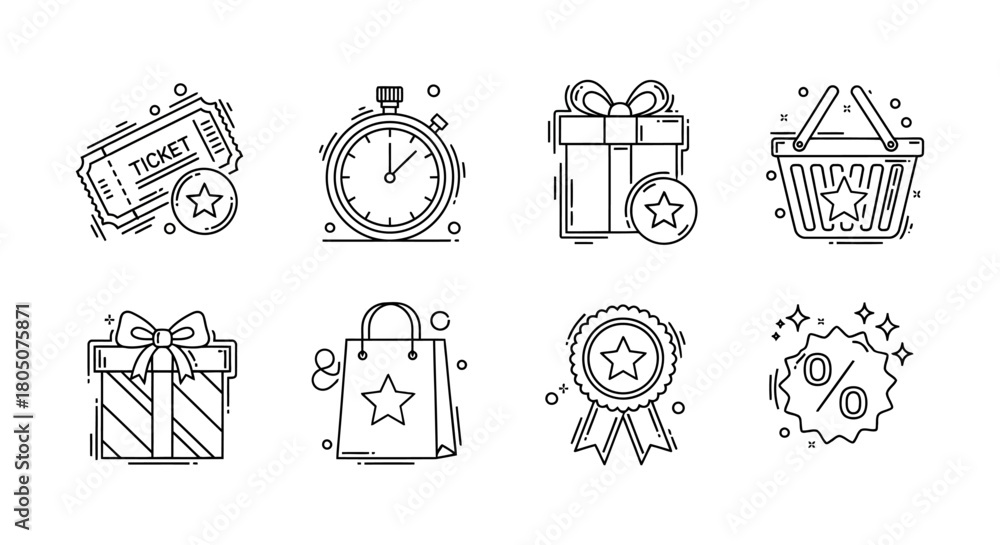 Naklejka premium Collection of Black and White Icons Representing Shopping and Promotions