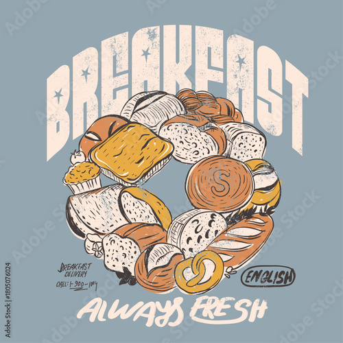 Vintage Food print design. brackfast always fresh slogan.  Breakfast time vector t shirt design. Morning eating artwork for apparel