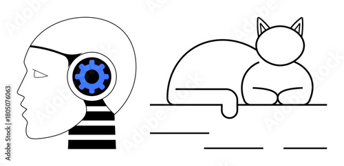 Robotic human head with blue gear symbolizing AI, automation sleeping cat for relaxation, simplicity, balance. Ideal for AI development, technology impact, balance, human-machine synergy, robotics