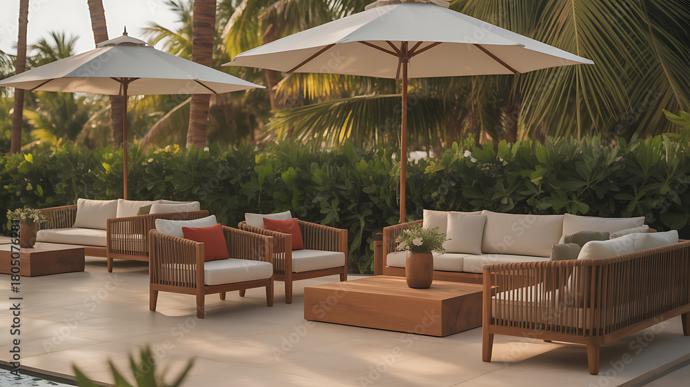 Obraz premium Outdoor lounge area with comfortable seating under umbrellas, surrounded by lush greenery, creating a relaxing and inviting atmosphere for leisure and socializing