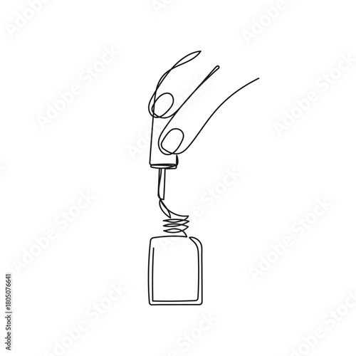 Minimalist line art hand holding nail polish brush. Vector illustration for beauty, cosmetics, fashion, wellness, manicure, self-care concepts.