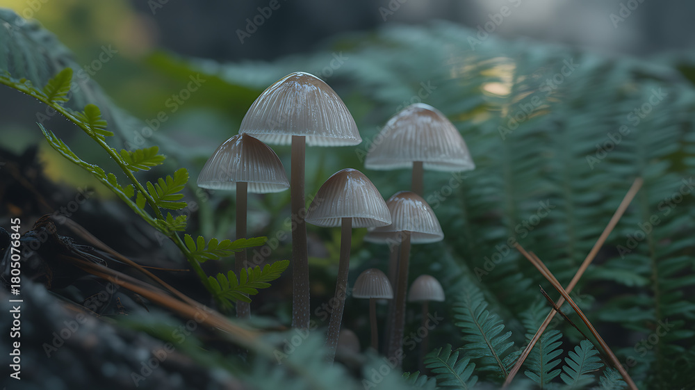 Fototapeta premium A cluster of delicate mushrooms growing amidst lush green ferns, capturing the serene beauty and intricate details of the forest floor ecosystem