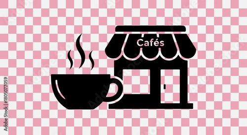 Black silhouette of a coffee shop and steaming cup on pink checkered background