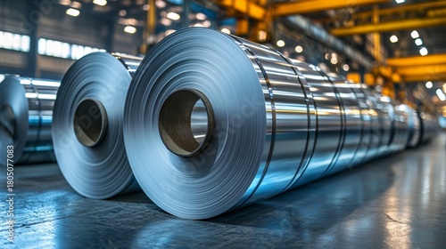 Large Rolls of Shiny Aluminum Sheet Metal Coils in a Factory, Industrial Manufacturing and Production, Metalworking Industry, Raw Material Storage