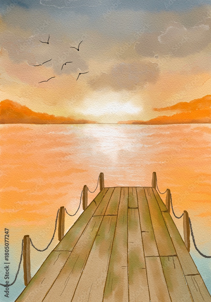 Fototapeta premium Watercolor Wooden Pier at Sunset Over Calm Water