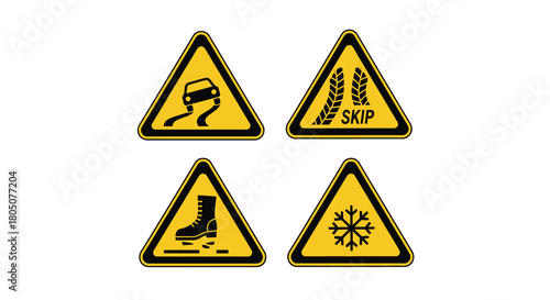 Warning signs depicting slippery road conditions and winter hazards