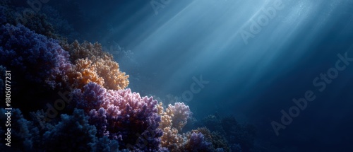 Fototapeta Naklejka Na Ścianę i Meble -  74. coral reef underwater with balanced colors, calm atmosphere, natural window light, balanced rule of thirds, generic props only