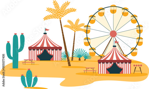 Colorful desert carnival illustration featuring circus tents, ferris wheel, palm trees, cacti, and festive fairground elements perfect for amusement, event, and outdoor adventure themes.