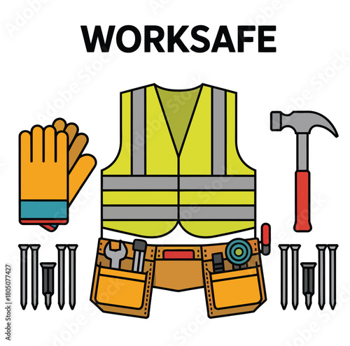 Worksafe personal protective equipment and essential tools for construction, repair, building, and safety projects icon illustration