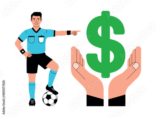 Referee with foot on soccer ball pointing at dollar sign in hands