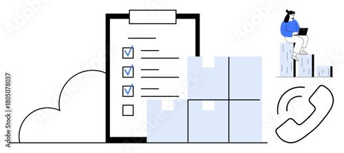 Checklist with completed tasks, stacked boxes for storage, phone icon for communication, person working with a laptop. Ideal for organization, teamwork, logistics, supply chain, productivity