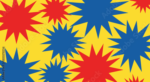 Colorful Starburst Pattern Background with Red and Blue Shapes on Yellow