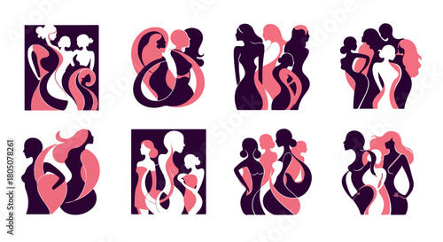 Woman silhouettes embracing with flowing lines