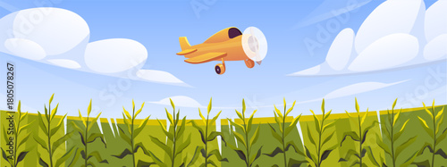 Corn field with a flying airplane in the sky among the clouds, crop processing, rural area.