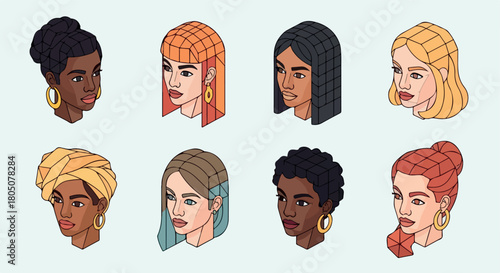 Diverse women faces with unique hairstyles and earrings