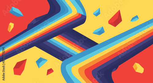 Vibrant abstract background illustration with dynamic, flowing retro rainbow stripes and scattered geometric shapes, offering a lively and colorful modern design