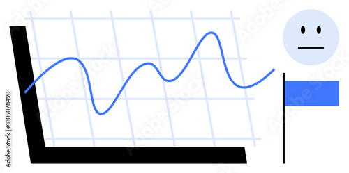 Graph with fluctuating blue line over grid, neutral face, and flag symbolizing performance, evaluation, or success. Ideal for analytics, business strategy, trends, goals productivity insights