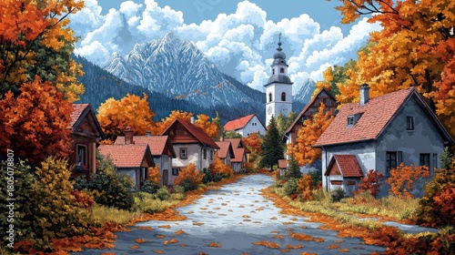 Fototapeta Naklejka Na Ścianę i Meble -  An autumn village street surrounded by colorful trees and houses.