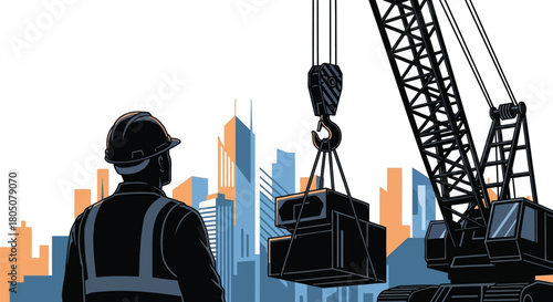 Construction worker in hard hat supervises crane lifting heavy cargo against a backdrop of modern city skyscrapers