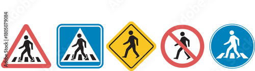 Various international pedestrian traffic signs collection, including warning, mandatory, and prohibitive symbols for road safety guidance. Vector