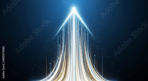 Stunning arrow of light streaks upwards symbolizing growth and achievement, perfect for technology, finance, or corporate presentations needing a visual boost