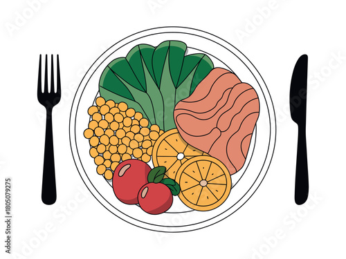 Illustration of a plate with salmon salad oranges and fork and knife