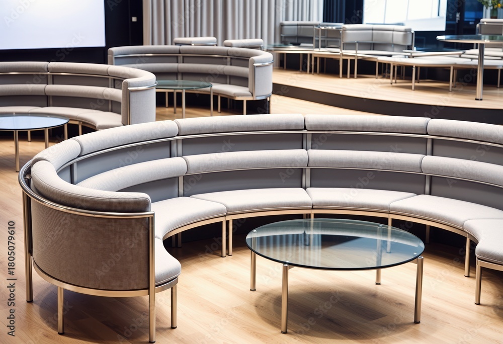 Fototapeta premium Close-up expansive party hall seating area with modular layered studio interior