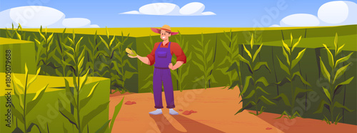 Man farmer with corn cob in hand on corn field, vector cartoon rural summer landscape, vegetable harvest, farm product
