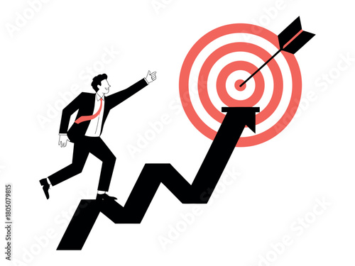 Businessman climbing arrow towards target with arrow hitting bulls eye