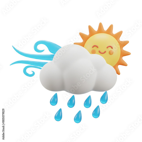 Cute sun behind cloud with wind and rain, weather icon isolated on transparent background