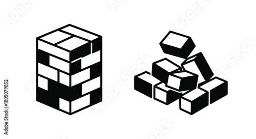 Black and white illustration of stacked and disarranged cubic geometric shapes