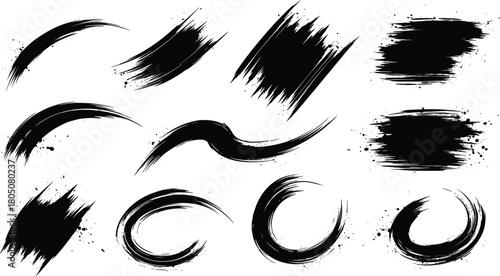 Black brush stroke vector set, curved and straight grunge paint textures, distressed ink spatter artistic design elements, rough expressive smears collection.