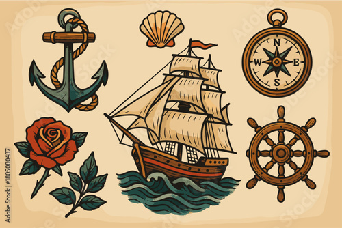 Vintage Nautical Tattoo Illustration Set