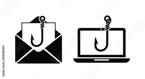 Phishing scams represented with envelopes and laptop featuring dangerous fishing hooks