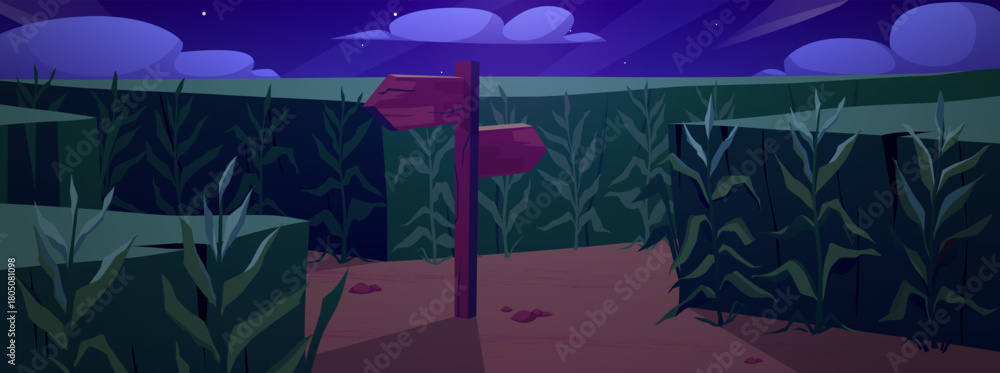 Naklejka premium Corn field at night with wooden road pointers and high maize plant stems, vector cartoon choice of way, labyrinth, maze