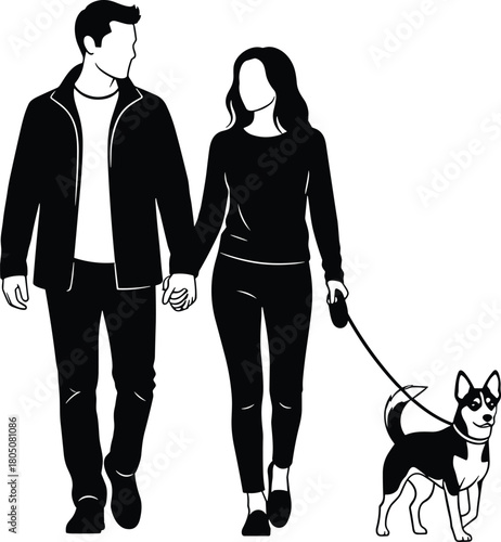 Couple walking and holding hands with a small dog on a leash, black silhouette vector illustration, pet owner relationship graphic.