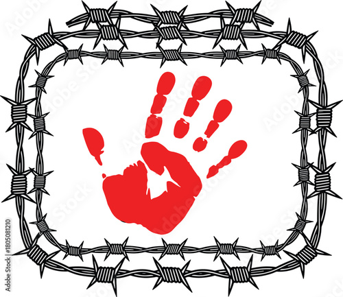 Barbed wire frame with red bloody handprint symbol, human rights oppression and protest vector graphic, prison border warning illustration.
