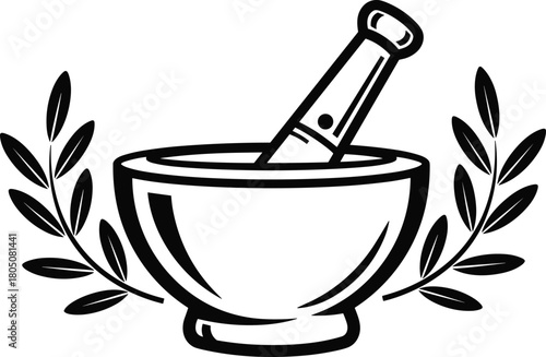 Mortar and pestle icon with laurel wreath vector illustration, classic pharmacy medical symbol design, herbal medicine grinding tool.