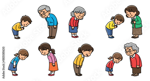 People bowing respectfully in various ages and styles