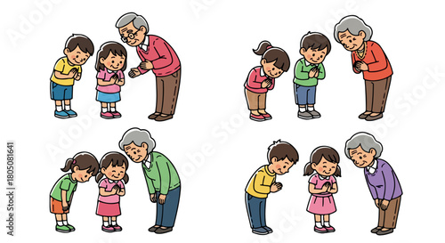 Children greeting elders with respect and bows