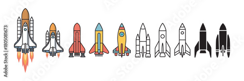 A diverse collection of cartoon, outline, and solid black rocket ship icons, symbolizing space travel, innovation, and startup launch. Vector