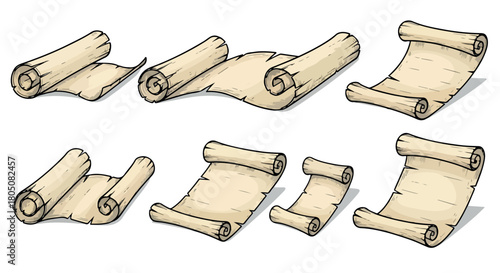 Rolled paper scrolls collection with transparent background