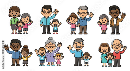 Diverse families waving hello cheerful cartoon characters