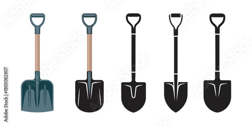 Five professional digging tools: detailed full-color illustration and four distinct black silhouette icons of garden shovels and spades Vector