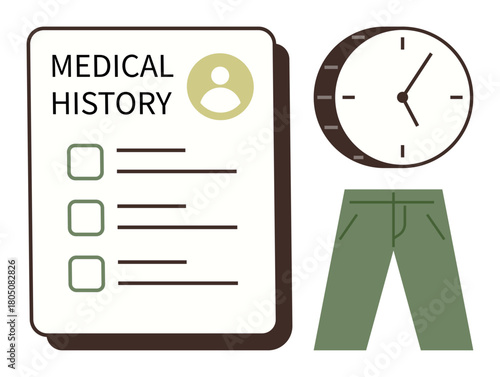 Medical history form with checkboxes, clock displaying time, and green pants. Ideal for health, record-keeping, time management, personal care, medical routines, lifestyle simple flat metaphor