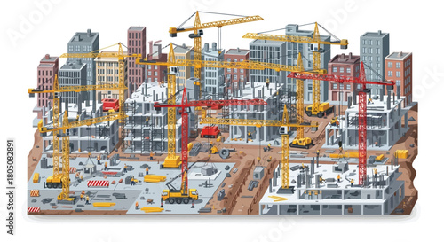 Busy urban construction site with multiple yellow and red tower cranes building modern city skyscrapers and buildings