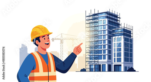 Construction worker in hard hat and safety vest pointing at a modern building under construction with scaffolding and crane