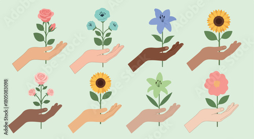 Hands holding flowers of different colors