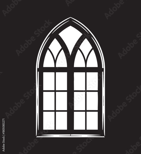 A stark white silhouette of a pointed Gothic arch window with multiple panes against a solid black background.