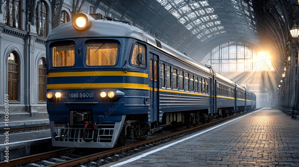 Fototapeta premium Passenger train at station platform with sunset light